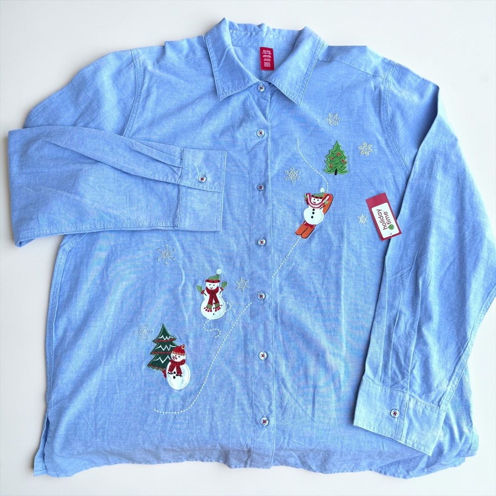 Holiday Time Womens XL Blue Cotton Embroidered Snowman Christmas‎ Shirt